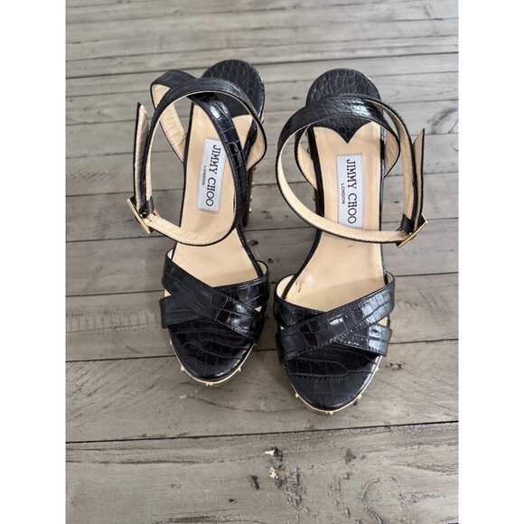 Jimmy Choo Black Croc Embossed Ultimate Wooden Ankle Strap Platform Heels 38.5 - Picture 4 of 12